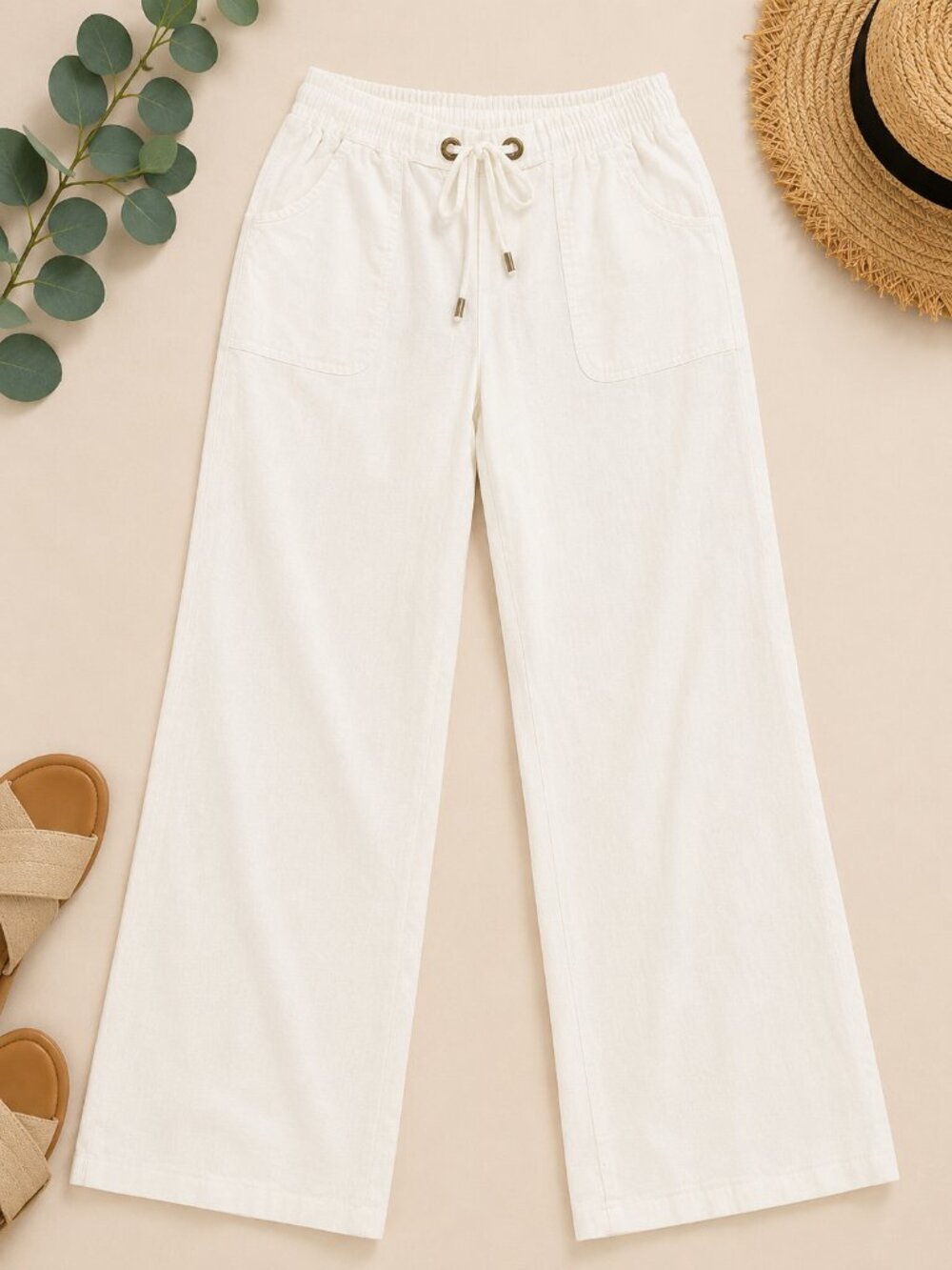 White Linen Blend Drawstring Pants – Relaxed Wide Leg